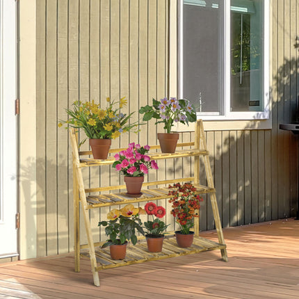 3 Tier Fir Wood Ladder Plant Display Stand - Natural Wood