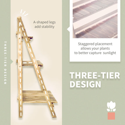 3 Tier Fir Wood Ladder Plant Display Stand - Natural Wood