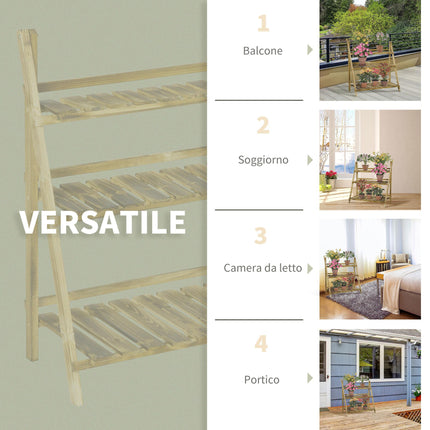 3 Tier Fir Wood Ladder Plant Display Stand - Natural Wood