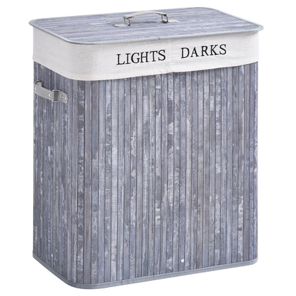 100L Collapsible Natural Wood Laundry Hamper with Lid and Removable Lining 52x32x63cm - Grey