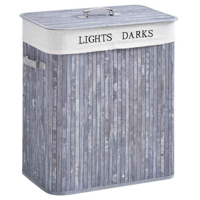 100L Collapsible Natural Wood Laundry Hamper with Lid and Removable Lining 52x32x63cm - Grey