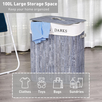 100L Collapsible Natural Wood Laundry Hamper with Lid and Removable Lining 52x32x63cm - Grey