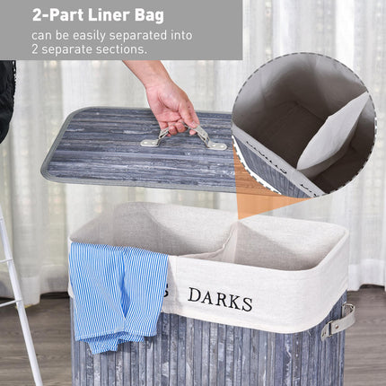 100L Collapsible Natural Wood Laundry Hamper with Lid and Removable Lining 52x32x63cm - Grey