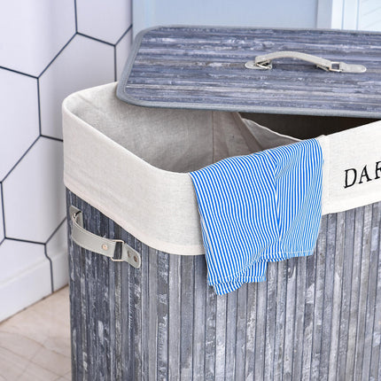 100L Collapsible Natural Wood Laundry Hamper with Lid and Removable Lining 52x32x63cm - Grey