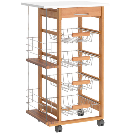 Rolling Kitchen Cart with 4 Basket Drawers & Side Racks on Wheels - Brown