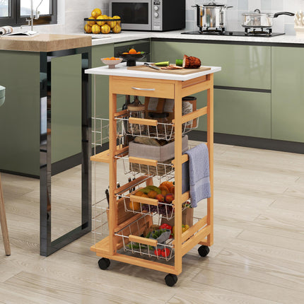 Rolling Kitchen Cart with 4 Basket Drawers & Side Racks on Wheels - Brown
