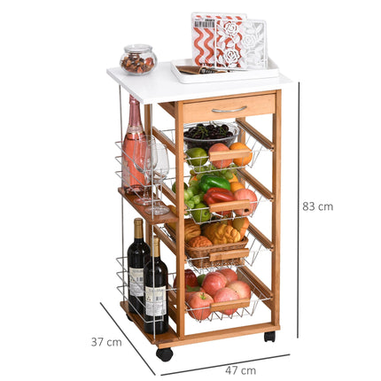 Rolling Kitchen Cart with 4 Basket Drawers & Side Racks on Wheels - Brown