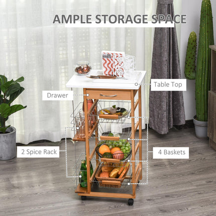 Rolling Kitchen Cart with 4 Basket Drawers & Side Racks on Wheels - Brown