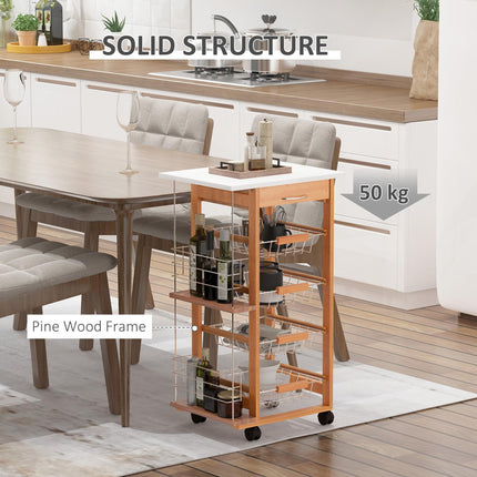Rolling Kitchen Cart with 4 Basket Drawers & Side Racks on Wheels - Brown