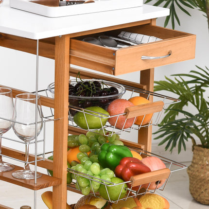 Rolling Kitchen Cart with 4 Basket Drawers & Side Racks on Wheels - Brown