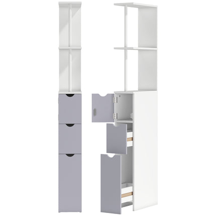 Slimline Tall Free-Standing Bathroom Storage Cabinet with Drawers and Shelves - Grey and White