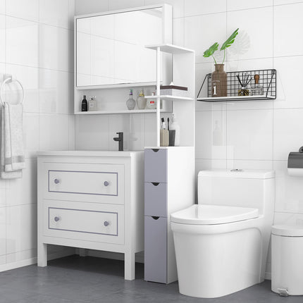 Slimline Tall Free-Standing Bathroom Storage Cabinet with Drawers and Shelves - Grey and White