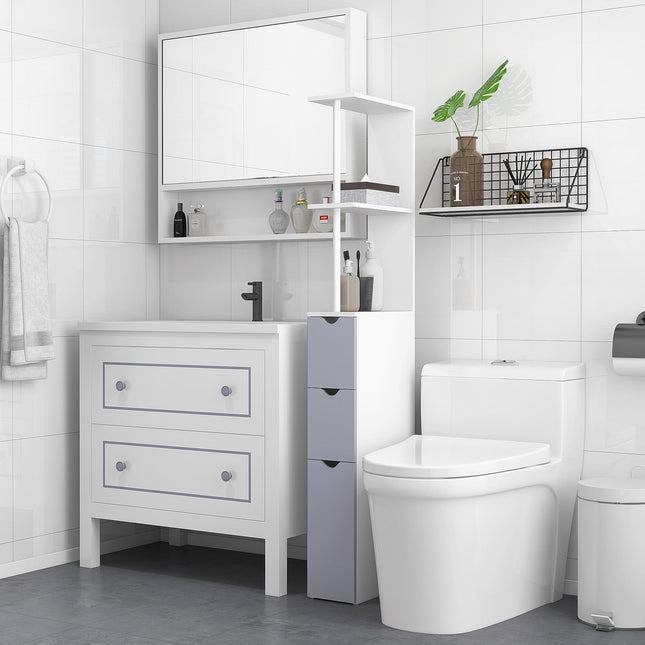 Slimline Tall Free-Standing Bathroom Storage Cabinet with Drawers and Shelves - Grey and White
