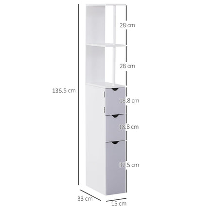 Slimline Tall Free-Standing Bathroom Storage Cabinet with Drawers and Shelves - Grey and White