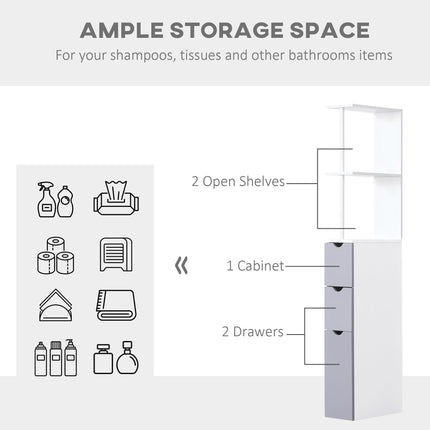 Slimline Tall Free-Standing Bathroom Storage Cabinet with Drawers and Shelves - Grey and White