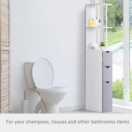 Slimline Tall Free-Standing Bathroom Storage Cabinet with Drawers and Shelves - Grey and White