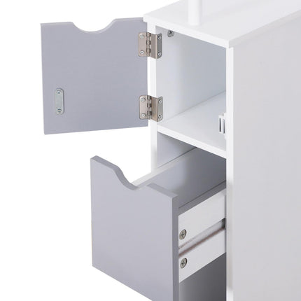 Slimline Tall Free-Standing Bathroom Storage Cabinet with Drawers and Shelves - Grey and White