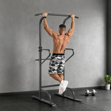 Multi-Function Height Adjustable Pull Up Bar Power Tower Dip Station - Black