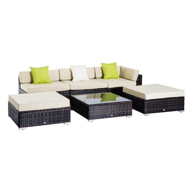 6 Piece Rattan Garden Sofa Set with Coffee Table and Cushions - Brown