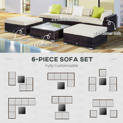 6 Piece Rattan Garden Sofa Set with Coffee Table and Cushions - Brown