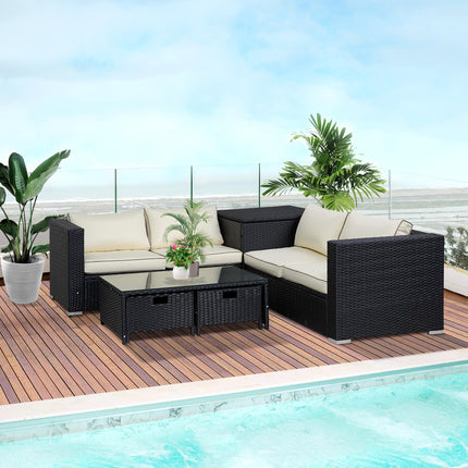 4 Piece Rattan Garden Sofa Set with Storage and Coffee Table - Black