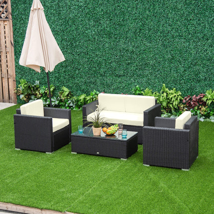 4-Seater Rattan Sofa Set with Steel Frame and Black Cushions - Black
