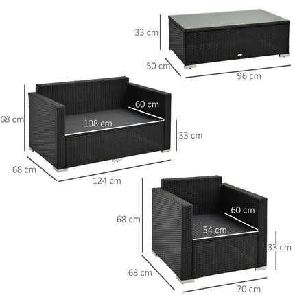 4-Seater Rattan Sofa Set with Steel Frame and Black Cushions - Black