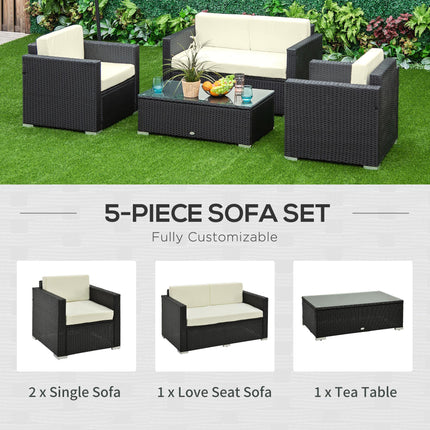 4-Seater Rattan Sofa Set with Steel Frame and Black Cushions - Black