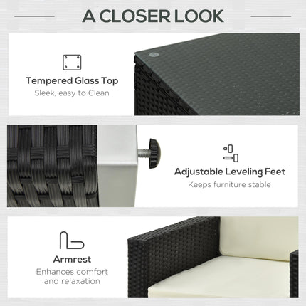 4-Seater Rattan Sofa Set with Steel Frame and Black Cushions - Black