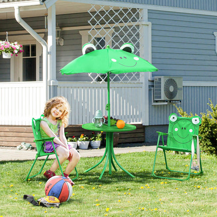 4 Piece Kids Folding Picnic Table and Chair Set with Adjustable Sun Umbrella - Green