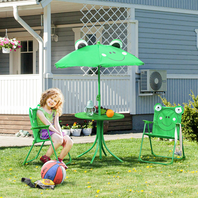 4 Piece Kids Folding Picnic Table and Chair Set with Adjustable Sun Umbrella - Green