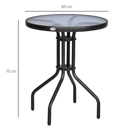60 x 70H cm Round Metal Garden Table with Tempered Glass Top - Black