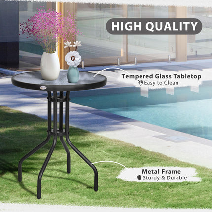 60 x 70H cm Round Metal Garden Table with Tempered Glass Top - Black
