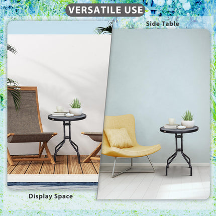 60 x 70H cm Round Metal Garden Table with Tempered Glass Top - Black