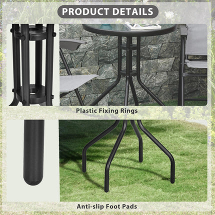 60 x 70H cm Round Metal Garden Table with Tempered Glass Top - Black