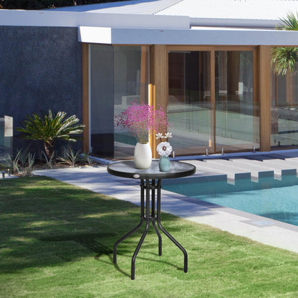 60 x 70H cm Round Metal Garden Table with Tempered Glass Top - Black