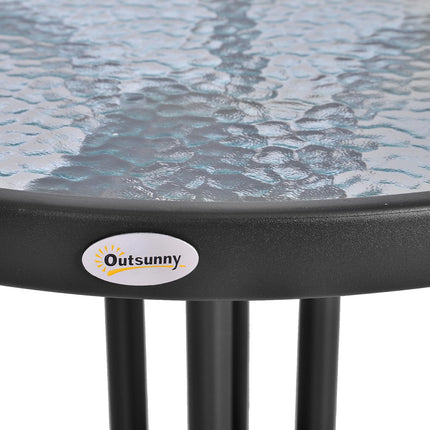60 x 70H cm Round Metal Garden Table with Tempered Glass Top - Black