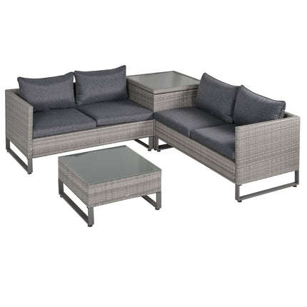 4 Piece Grey PE Rattan Outdoor Sofa Set with Cushions and Storage Box - Grey