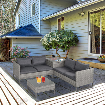 4 Piece Grey PE Rattan Outdoor Sofa Set with Cushions and Storage Box - Grey