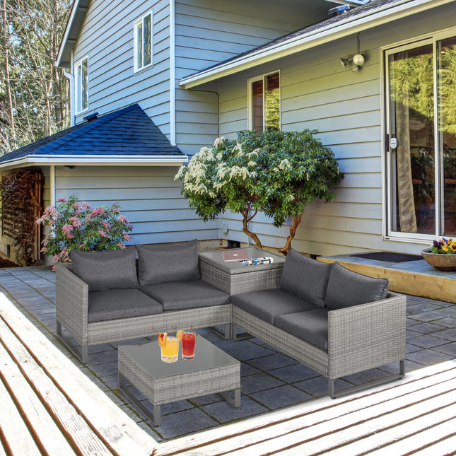 4 Piece Grey PE Rattan Outdoor Sofa Set with Cushions and Storage Box - Grey