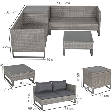 4 Piece Grey PE Rattan Outdoor Sofa Set with Cushions and Storage Box - Grey