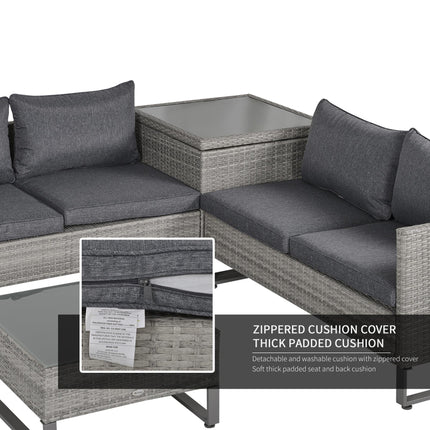4 Piece Grey PE Rattan Outdoor Sofa Set with Cushions and Storage Box - Grey