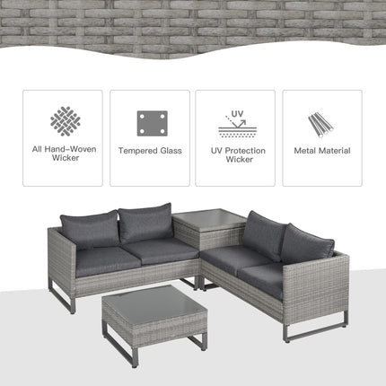 4 Piece Grey PE Rattan Outdoor Sofa Set with Cushions and Storage Box - Grey