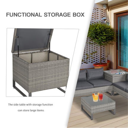 4 Piece Grey PE Rattan Outdoor Sofa Set with Cushions and Storage Box - Grey