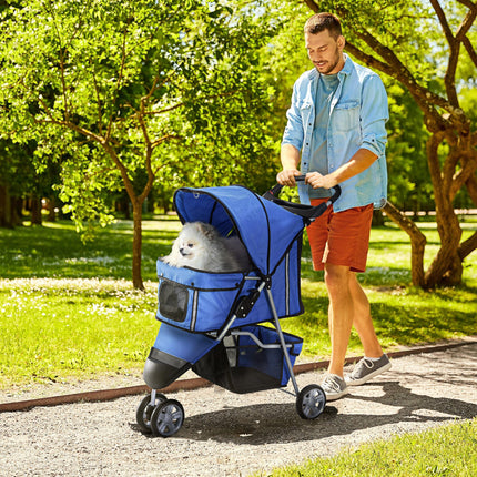 Dog Pram Pet Travel Stroller with Three Wheels for Small Dogs - Blue