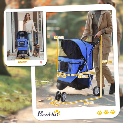 Dog Pram Pet Travel Stroller with Three Wheels for Small Dogs - Blue