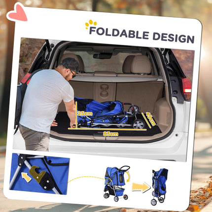 Dog Pram Pet Travel Stroller with Three Wheels for Small Dogs - Blue