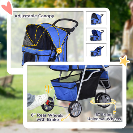 Dog Pram Pet Travel Stroller with Three Wheels for Small Dogs - Blue