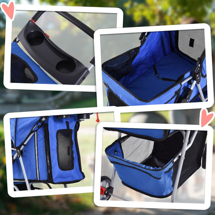 Dog Pram Pet Travel Stroller with Three Wheels for Small Dogs - Blue