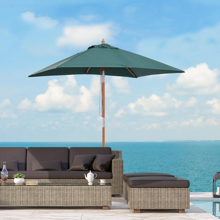 6 Ribs 2m Square Garden Patio Umbrella with Wood Bamboo Frame - Brown Green